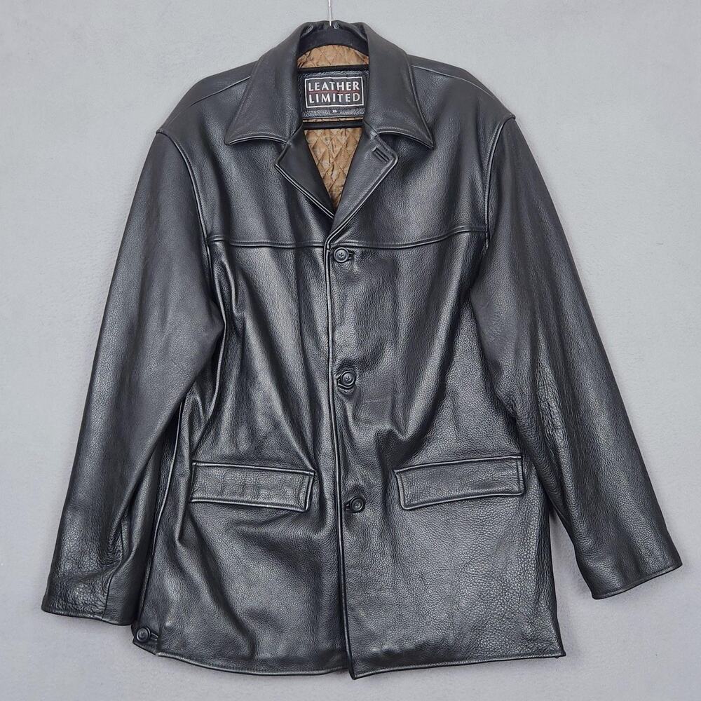 Leather Limited Coat Mens XL Black Leather Quilted Lined Overcoat Mid Length